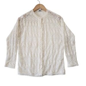 Vintage 70s Ivory Pointelle Knit Cardigan Sweater Scalloped Trim Cottagecore